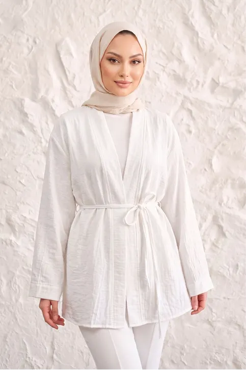 Önü Bağlamalı Kimono Tesettür Tunik Ekru Oversize Yeni Sezon Rahat Kalıp Önü Baglamalı Tesettür Tunik
