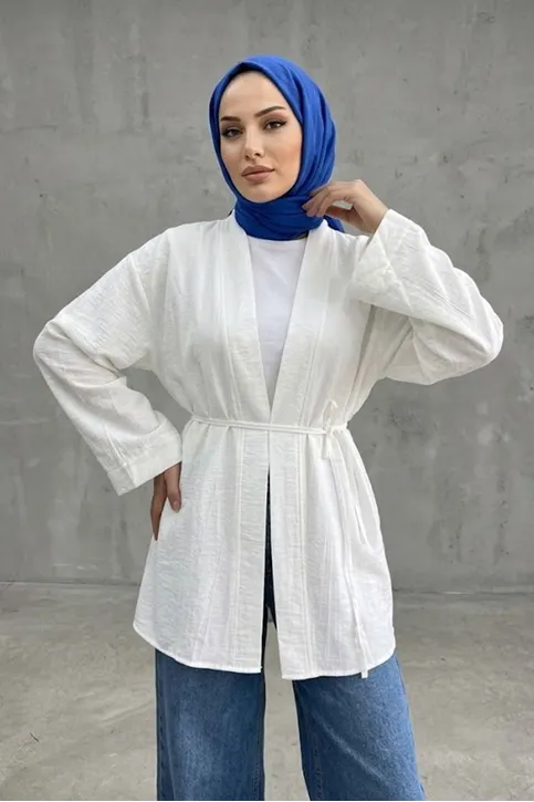 Önü Bağlamalı Kimono Tesettür Tunik Ekru Oversize Yeni Sezon Rahat Kalıp Önü Baglamalı Tesettür Tunik