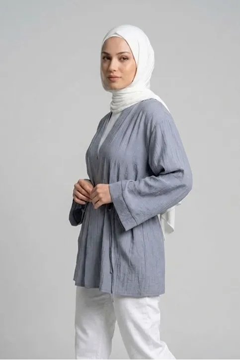 Önü Bağlamalı Kimono Tesettür Tunik Gri Oversize Yeni Sezon Rahat Kalıp Önü Baglamalı Tesettür Tunik