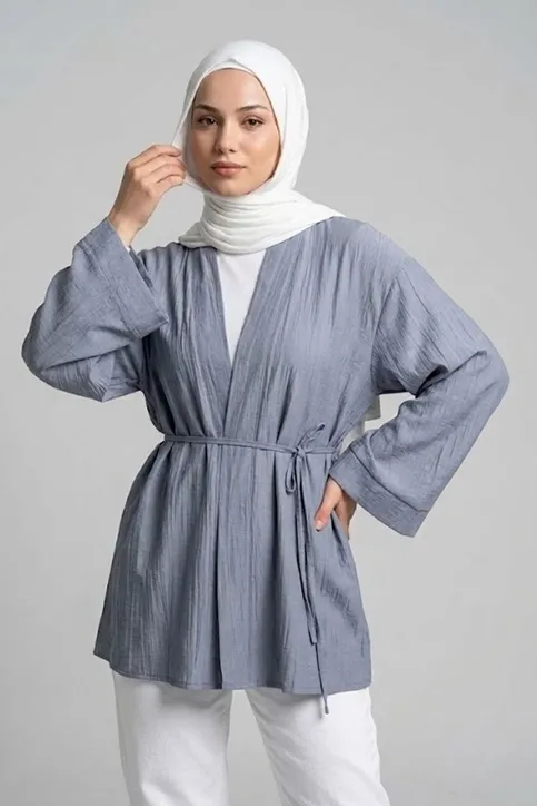 Önü Bağlamalı Kimono Tesettür Tunik Gri Oversize Yeni Sezon Rahat Kalıp Önü Baglamalı Tesettür Tunik