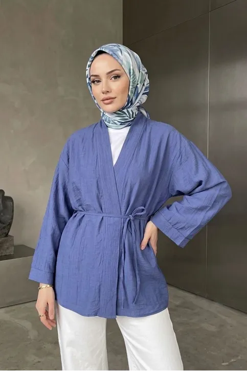 Önü Bağlamalı Kimono Tesettür Tunik İndigo Oversize Yeni Sezon Rahat Kalıp Önü Baglamalı Tesettür Tunik