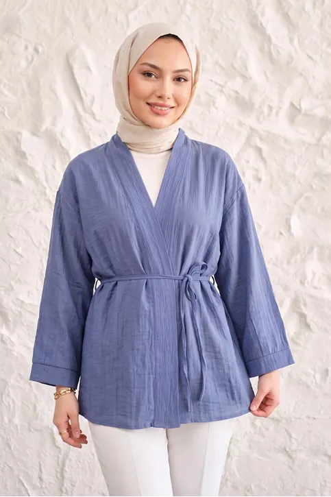 Önü Bağlamalı Kimono Tesettür Tunik İndigo Oversize Yeni Sezon Rahat Kalıp Önü Baglamalı Tesettür Tunik