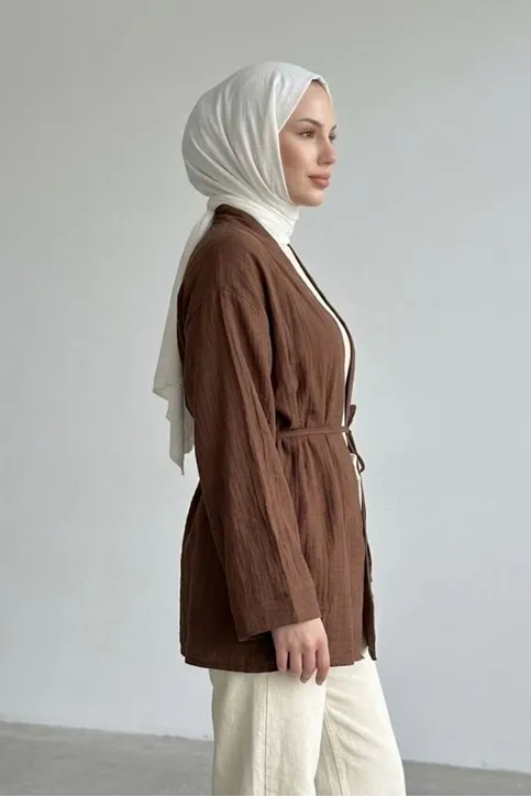 Önü Bağlamalı Kimono Tesettür Tunik Kahve Oversize Yeni Sezon Rahat Kalıp Önü Baglamalı Tesettür Tunik