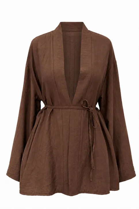 Önü Bağlamalı Kimono Tesettür Tunik Kahve Oversize Yeni Sezon Rahat Kalıp Önü Baglamalı Tesettür Tunik