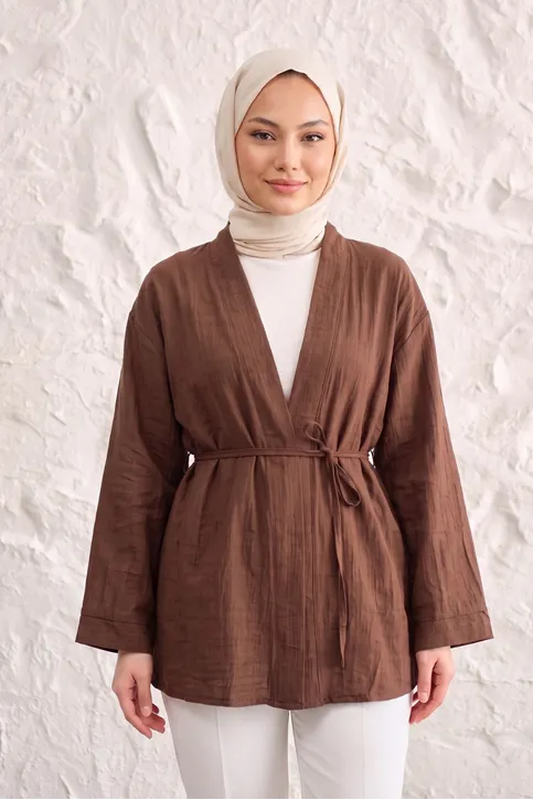Önü Bağlamalı Kimono Tesettür Tunik Kahve Oversize Yeni Sezon Rahat Kalıp Önü Baglamalı Tesettür Tunik