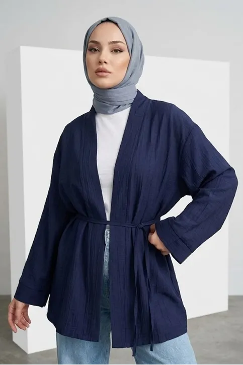 Önü Bağlamalı Kimono Tesettür Tunik Lacivert Oversize Yeni Sezon Rahat Kalıp Önü Baglamalı Tesettür Tunik