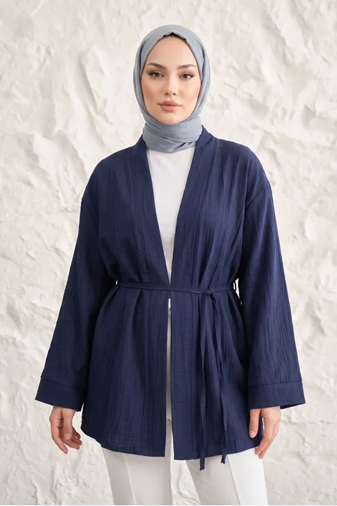Önü Bağlamalı Kimono Tesettür Tunik Lacivert Oversize Yeni Sezon Rahat Kalıp Önü Baglamalı Tesettür Tunik