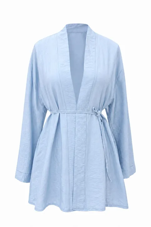 Önü Bağlamalı Kimono Tesettür Tunik Mavi Oversize Yeni Sezon Rahat Kalıp Önü Baglamalı Tesettür Tunik