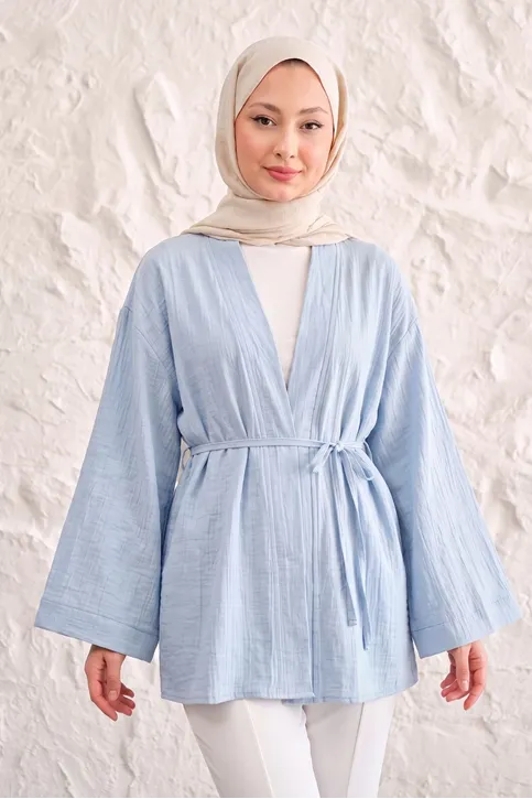 Önü Bağlamalı Kimono Tesettür Tunik Mavi Oversize Yeni Sezon Rahat Kalıp Önü Baglamalı Tesettür Tunik