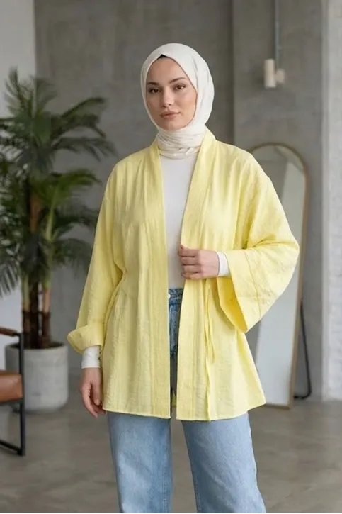 Önü Bağlamalı Kimono Tesettür Tunik Sarı Oversize Yeni Sezon Rahat Kalıp Önü Baglamalı Tesettür Tunik