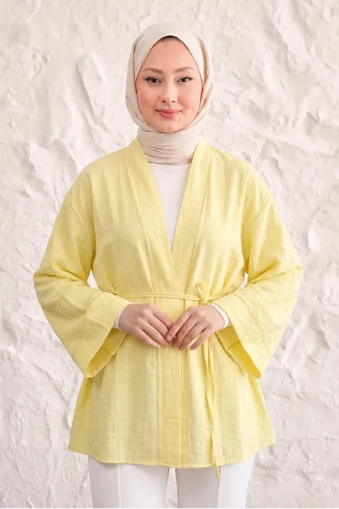 Önü Bağlamalı Kimono Tesettür Tunik Sarı Oversize Yeni Sezon Rahat Kalıp Önü Baglamalı Tesettür Tunik
