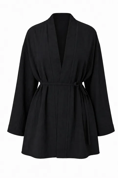 Önü Bağlamalı Kimono Tesettür Tunik Siyah Oversize Yeni Sezon Rahat Kalıp Önü Baglamalı Tesettür Tunik