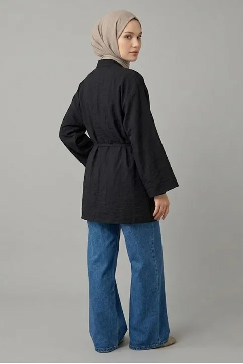 Önü Bağlamalı Kimono Tesettür Tunik Siyah Oversize Yeni Sezon Rahat Kalıp Önü Baglamalı Tesettür Tunik