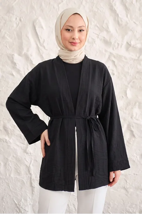 Önü Bağlamalı Kimono Tesettür Tunik Siyah Oversize Yeni Sezon Rahat Kalıp Önü Baglamalı Tesettür Tunik