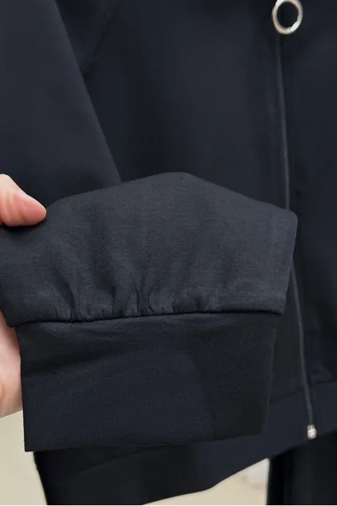 Kadın Dik Yaka Fermuar Detaylı Yumuşak Dokulu Kumaş Etekli Siyah Tesettür Takım