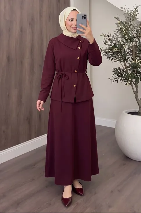 Kadın Yaka Detaylı Çapraz Düğmeli Etekli Bordo Tesettür Takım