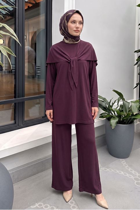 Kadın Şal Detaylı Modal Pike Kumaş Premium Rahat Kalıp  Pantolonlu 3 Lü Tesettür Takım Bordo