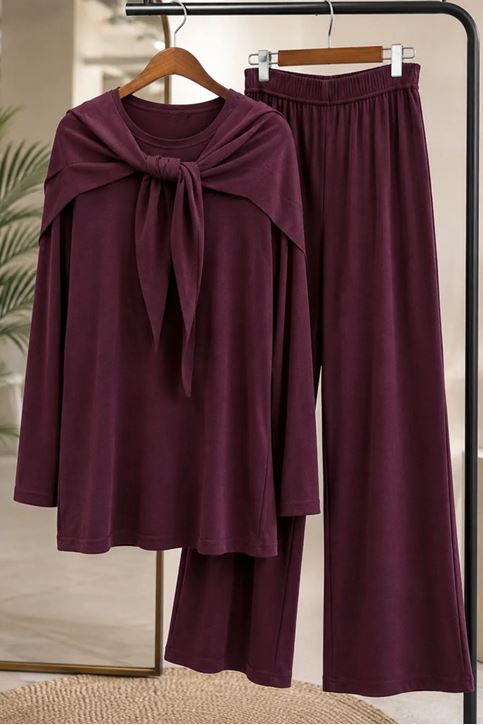 Kadın Şal Detaylı Modal Pike Kumaş Premium Rahat Kalıp  Pantolonlu 3 Lü Tesettür Takım Bordo