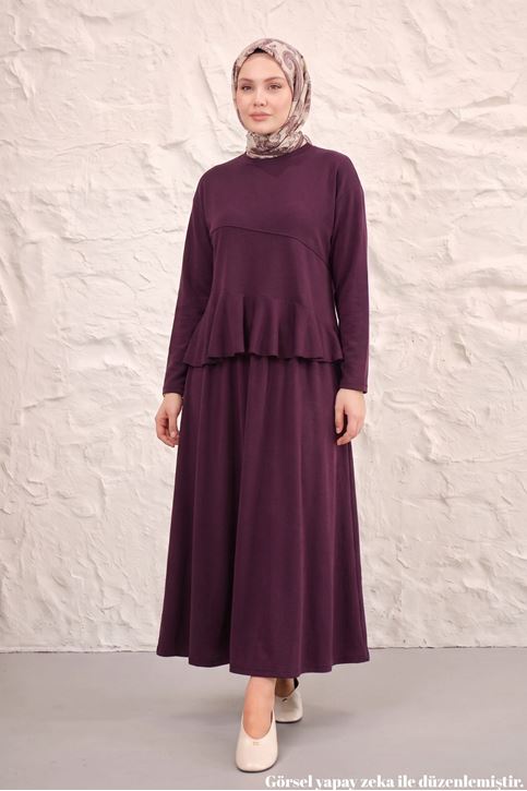 Kadın Tesettür Bordo Pike Kumaş Peplum Fırfırlı Bluz Etek Takım