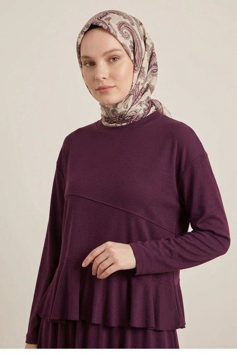 Kadın Tesettür Bordo Pike Kumaş Peplum Fırfırlı Bluz Etek Takım