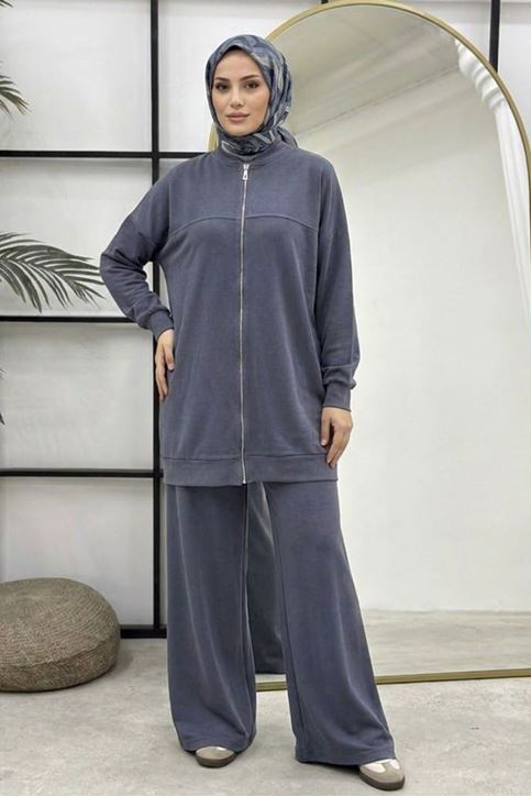 Kadın Tesettür Modal Pike Kumaş Salaş Takım Fermuarlı Sweat Pantolon Antrasit Tesettür Takım