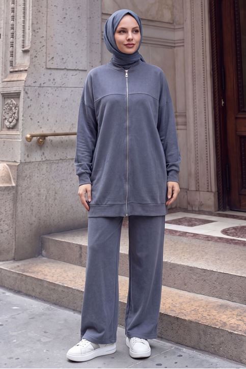 Kadın Tesettür Modal Pike Kumaş Salaş Takım Fermuarlı Sweat Pantolon Antrasit Tesettür Takım