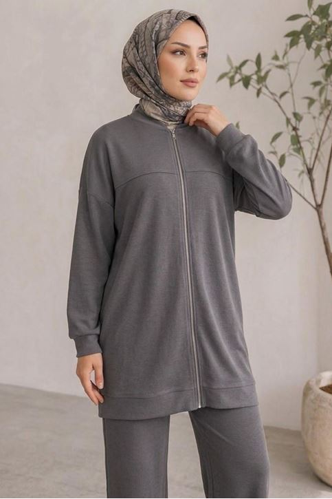 Kadın Tesettür Modal Pike Kumaş Salaş Takım Fermuarlı Sweat Pantolon Gri Tesettür Takım