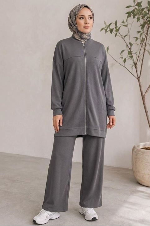Kadın Tesettür Modal Pike Kumaş Salaş Takım Fermuarlı Sweat Pantolon Gri Tesettür Takım