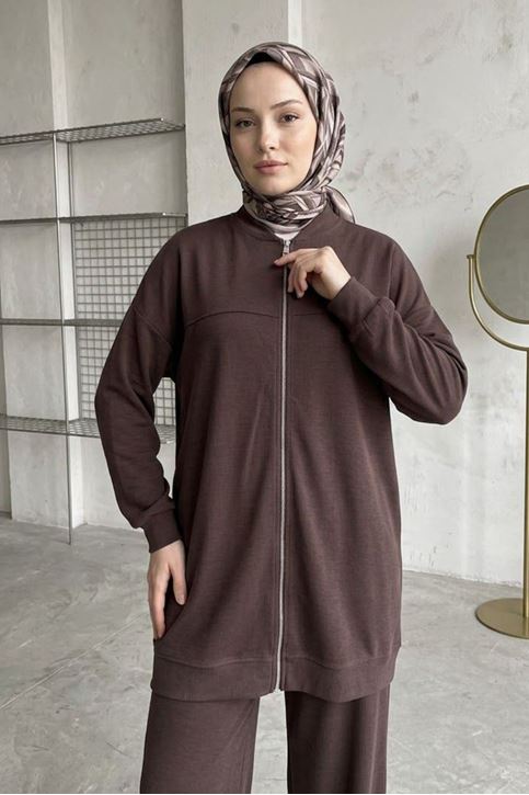 Kadın Tesettür Modal Pike Kumaş Salaş Takım Fermuarlı Sweat Pantolon Kahve Tesettür Takım