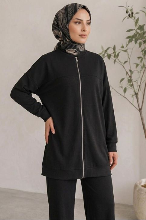 Kadın Tesettür Modal Pike Kumaş Salaş Takım Fermuarlı Sweat Pantolon Siyah Tesettür Takım