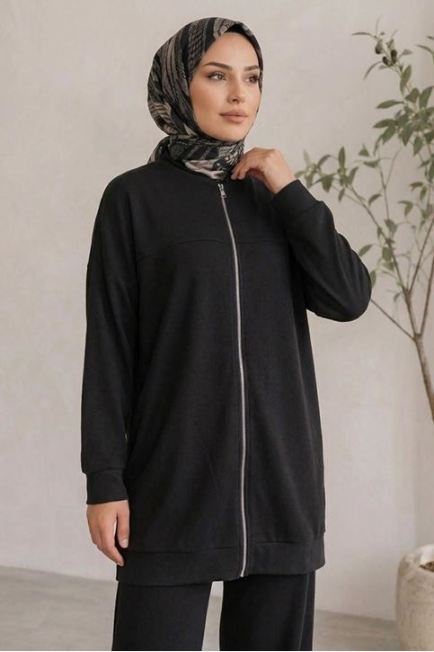 Kadın Tesettür Modal Pike Kumaş Salaş Takım Fermuarlı Sweat Pantolon Siyah Tesettür Takım