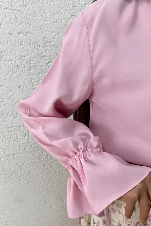 Kadın Kolu Tünelli Yaka Fırfırlı Kısa Trend Şık Pembe Tesettür Bluz Gömlek