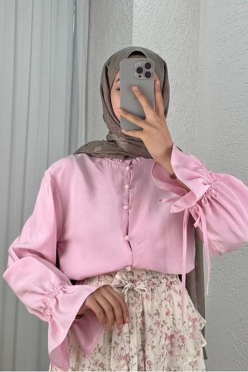 Kadın Kolu Tünelli Yaka Fırfırlı Kısa Trend Şık Pembe Tesettür Bluz Gömlek