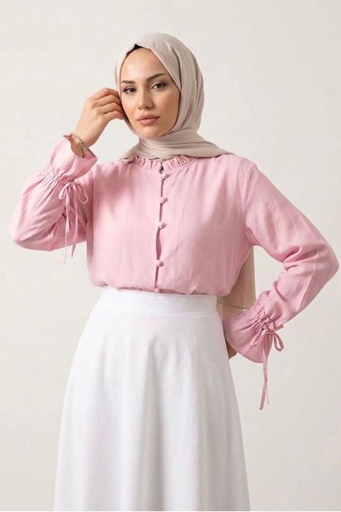 Kadın Kolu Tünelli Yaka Fırfırlı Kısa Trend Şık Pembe Tesettür Bluz Gömlek