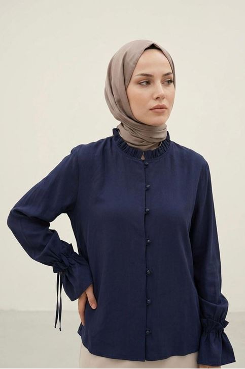 Kadın Kolu Tünelli Yaka Fırfırlı Kısa Trend Şık Lacivert Tesettür Bluz Gömlek