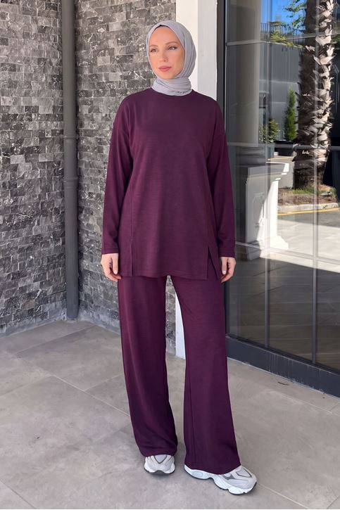 Kadın Tesettür İkili Takım Rahat Kalıp Pike Kumaş Uzun Kollu Tunik Bol Paça Pantolon Şık Günlük Kombin