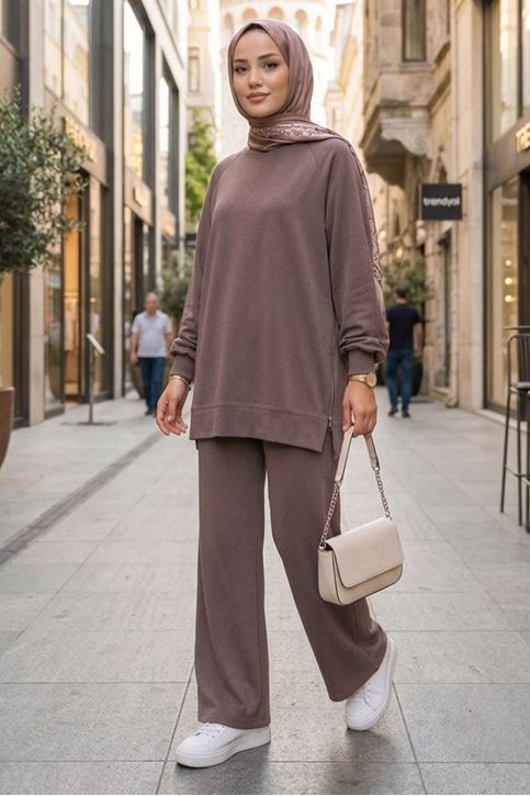 Kadın Vizon Yanı Fermuarlı Modal Kumaş Rahat Kesim  Sweatshirt Pantolon Tesettür Takım