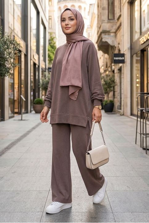 Kadın Vizon Yanı Fermuarlı Modal Kumaş Rahat Kesim  Sweatshirt Pantolon Tesettür Takım
