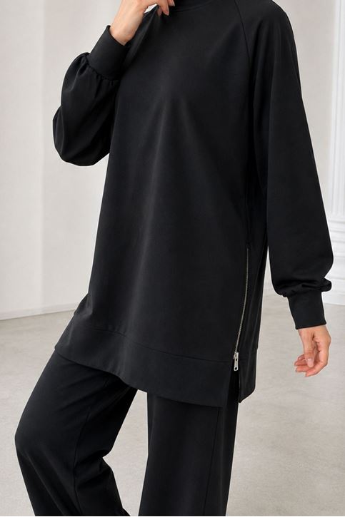 Kadın Siyah Yanı Fermuarlı Modal Kumaş Rahat Kesim  Sweatshirt Pantolon Tesettür Takım