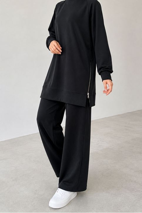 Kadın Siyah Yanı Fermuarlı Modal Kumaş Rahat Kesim  Sweatshirt Pantolon Tesettür Takım
