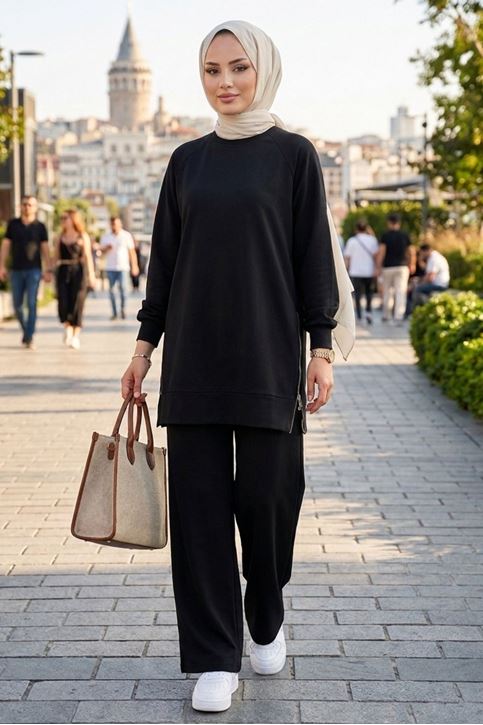 Kadın Siyah Yanı Fermuarlı Modal Kumaş Rahat Kesim  Sweatshirt Pantolon Tesettür Takım
