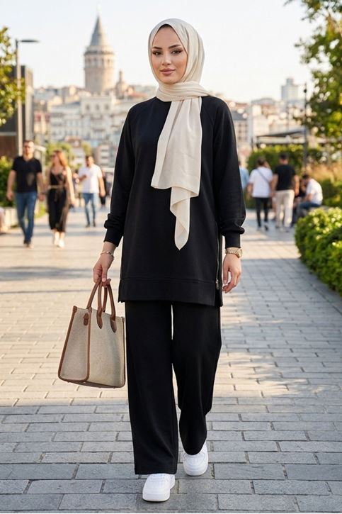 Kadın Siyah Yanı Fermuarlı Modal Kumaş Rahat Kesim  Sweatshirt Pantolon Tesettür Takım