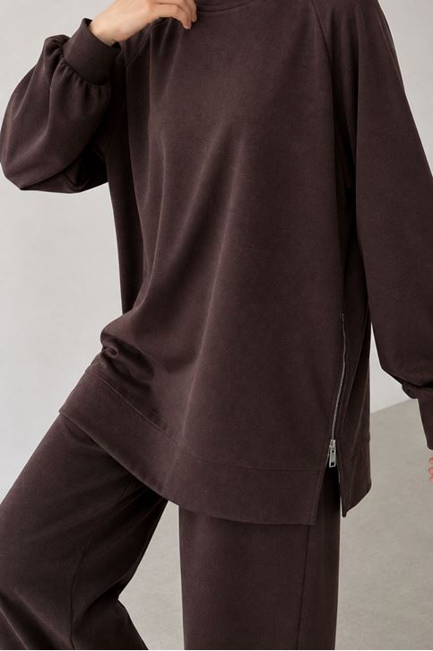 Kadın Kahve Yanı Fermuarlı Modal Kumaş Rahat Kesim  Sweatshirt Pantolon Tesettür Takım