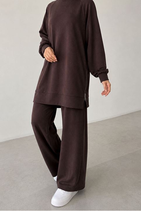 Kadın Kahve Yanı Fermuarlı Modal Kumaş Rahat Kesim  Sweatshirt Pantolon Tesettür Takım