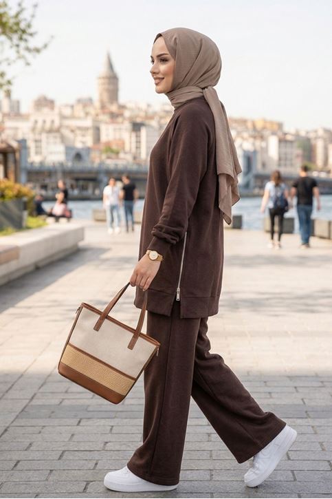 Kadın Kahve Yanı Fermuarlı Modal Kumaş Rahat Kesim  Sweatshirt Pantolon Tesettür Takım