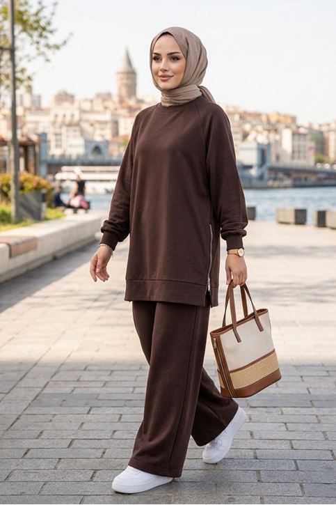 Kadın Kahve Yanı Fermuarlı Modal Kumaş Rahat Kesim  Sweatshirt Pantolon Tesettür Takım