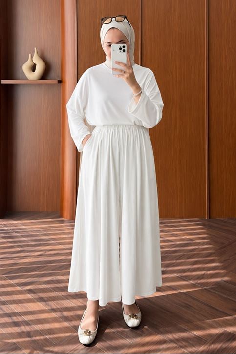 Kadın Ekru Rahat Kesim İkili Takım Geniş Paça Beli Lastikli Pantolon Bluz Tunik Kombin