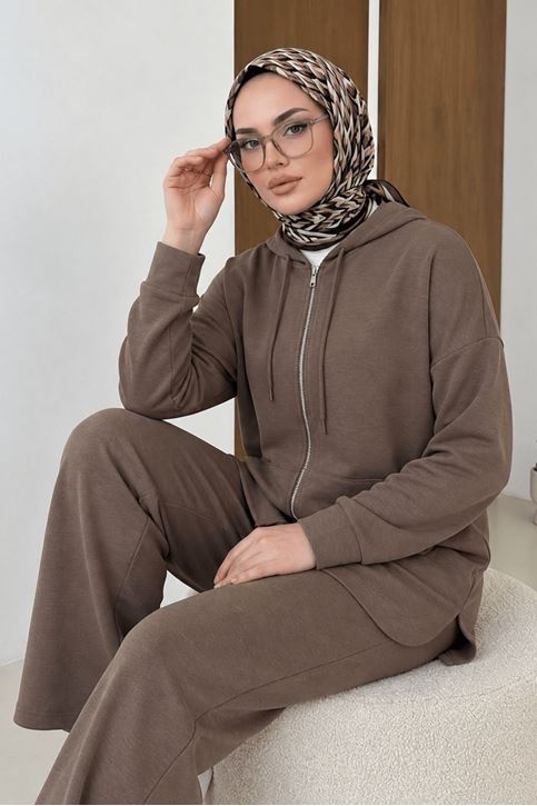 Kadın Orijinal Pike Modal Kumaş Fermuarlı Kapüşonlu Tesettür Takım Açık Kahve