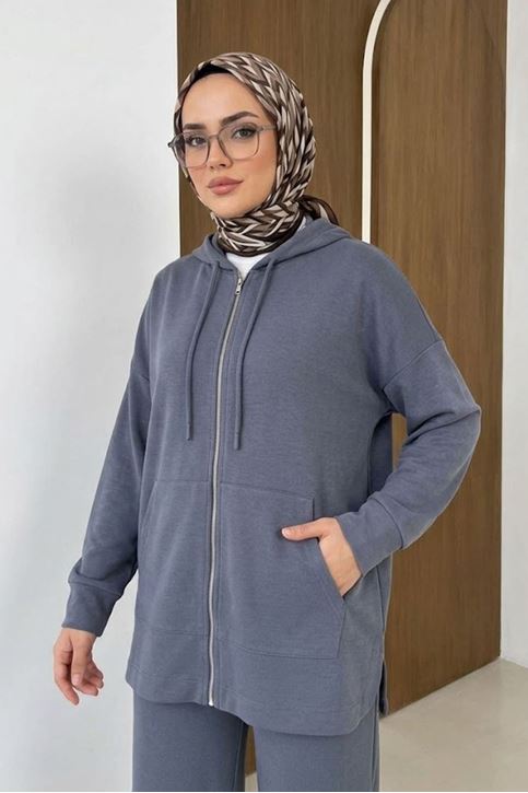Kadın Orijinal Pike Modal Kumaş Fermuarlı Kapüşonlu Tesettür Takım Antrasit