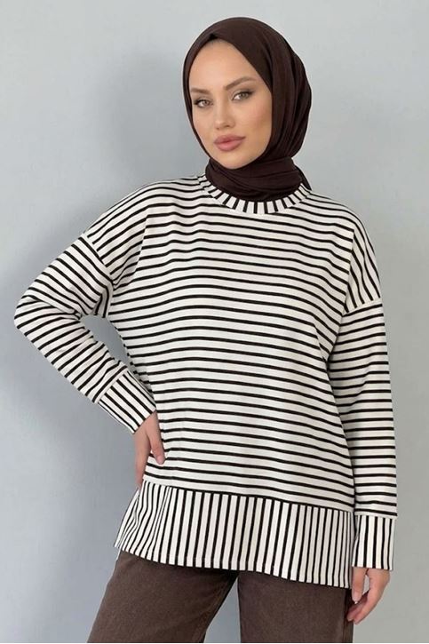 Kadın Çizgili Oysho Kumaş Rahat Kalıp Trend Tesettür Tunik Kahve
